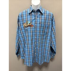 Mens Resistol Rodeo Gear L Blue White Tan Plaid Button Front Shirt Western